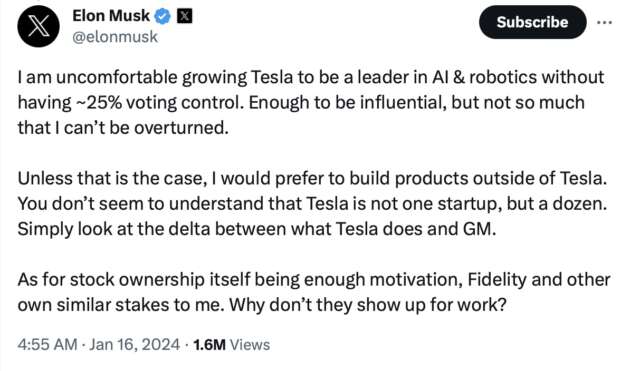 Elon Musk wants at least 25% shares in Tesla to continue work on AI and robotics innovation
